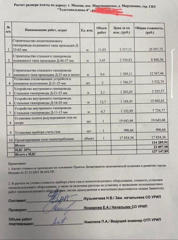 Смета Как подключить газ до участка в нашем СНТ «Толстопальцево-5» (Квартал 40) за 72000 рублей?